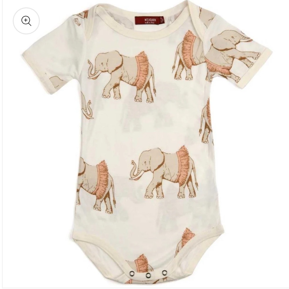 Milkbarn bamboo Elephant Print Kids One Piece - White and Pink 6-12
